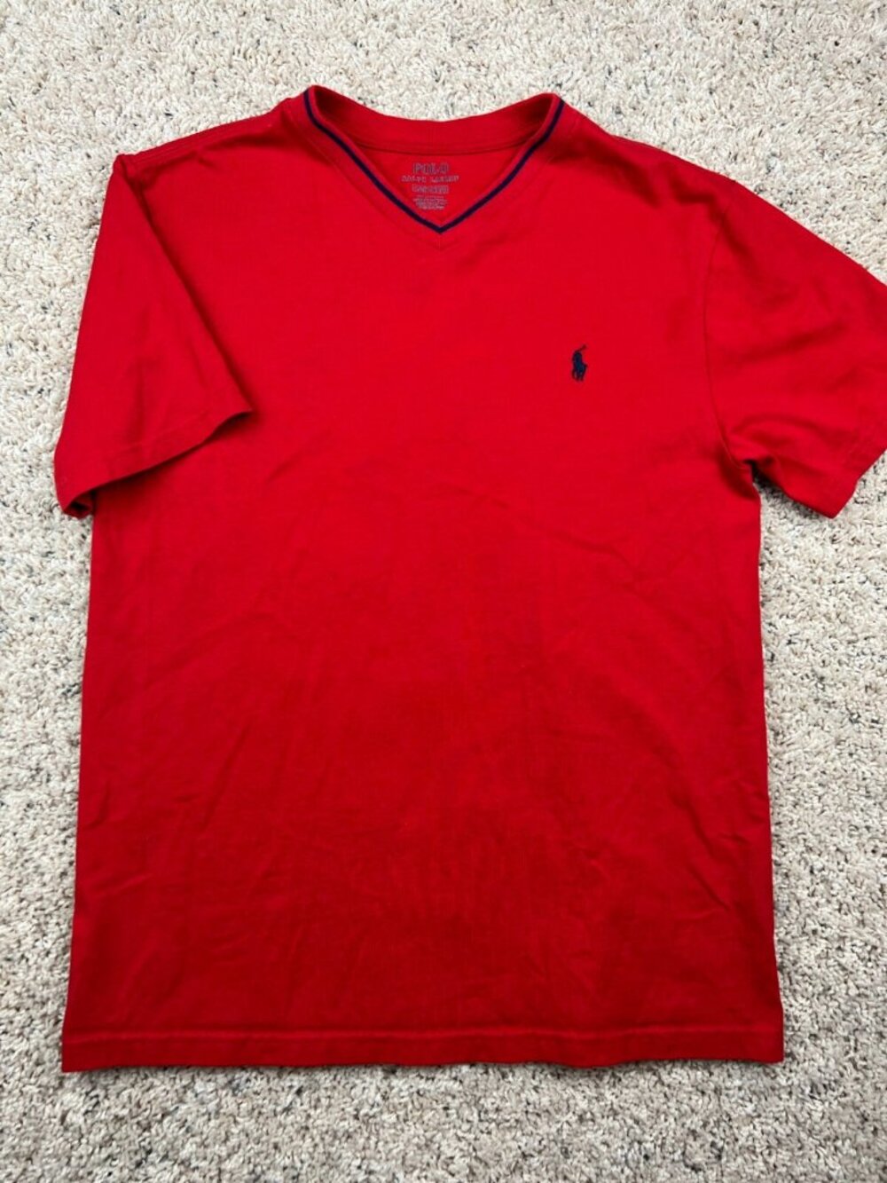 Polo Ralph Lauren Boys Large 14-16 V-Neck T-Shirt Red Contrast Trim Blue Pony
